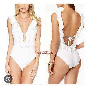 🆕️ Michael Kors Women’s White Ruffled plunging V Neck One Piece Swimsuit